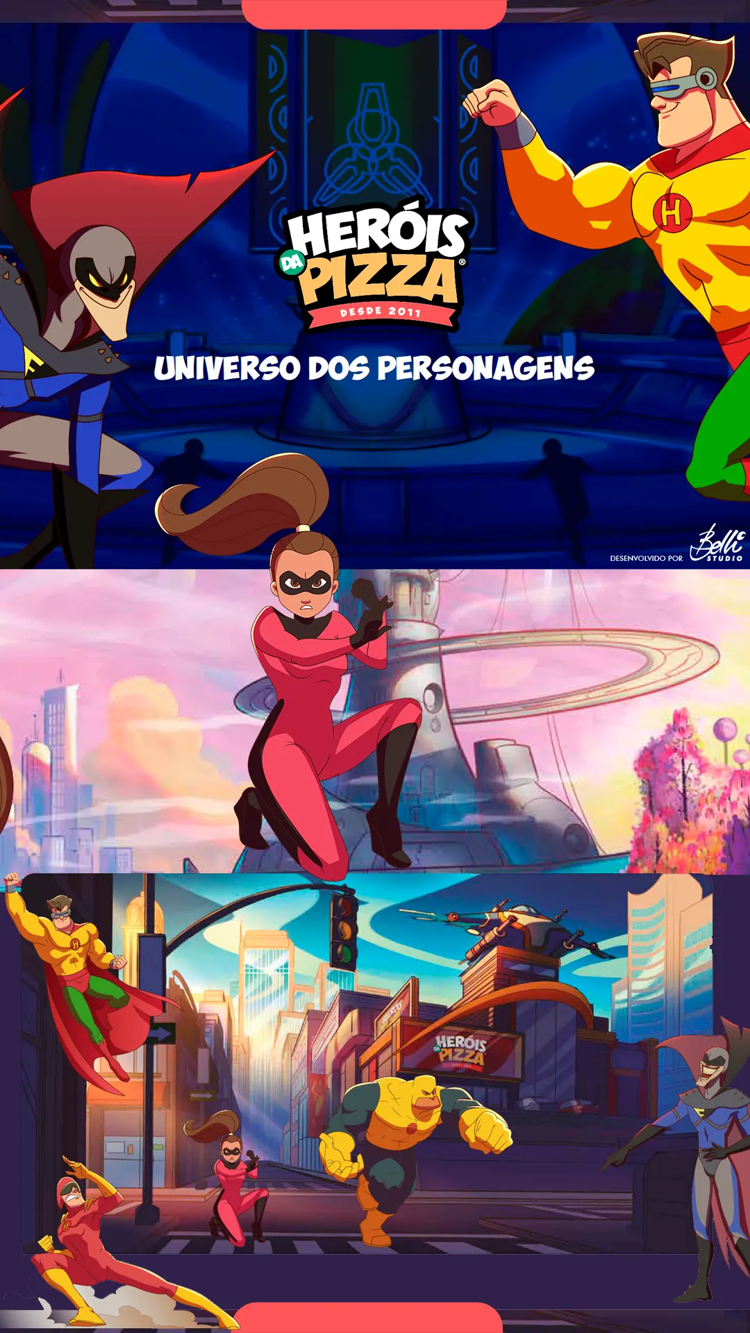Universo visual Herois da Pizza criado pela Belli Studio